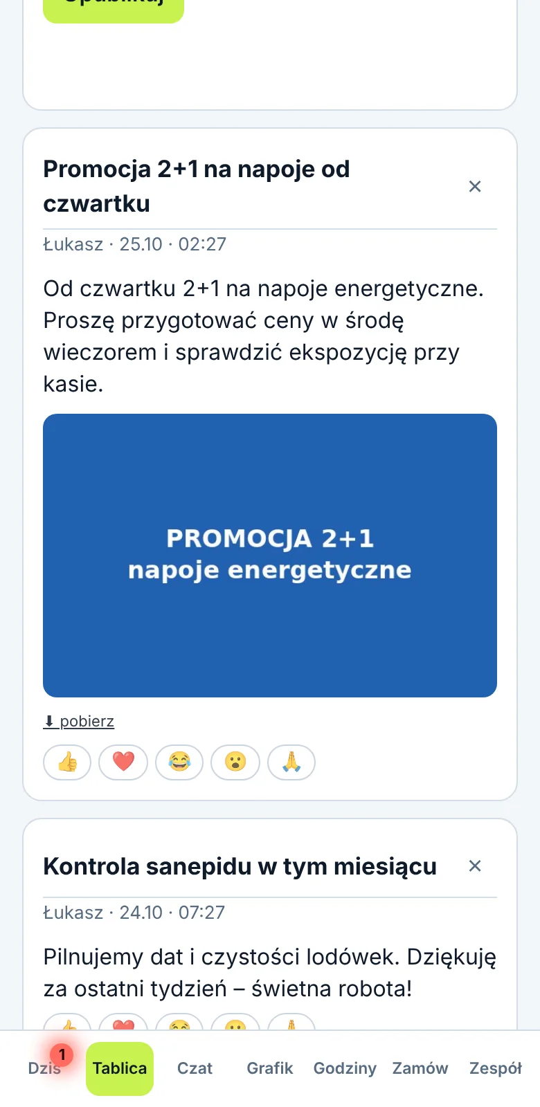 Tablica ogłoszeń zespołu