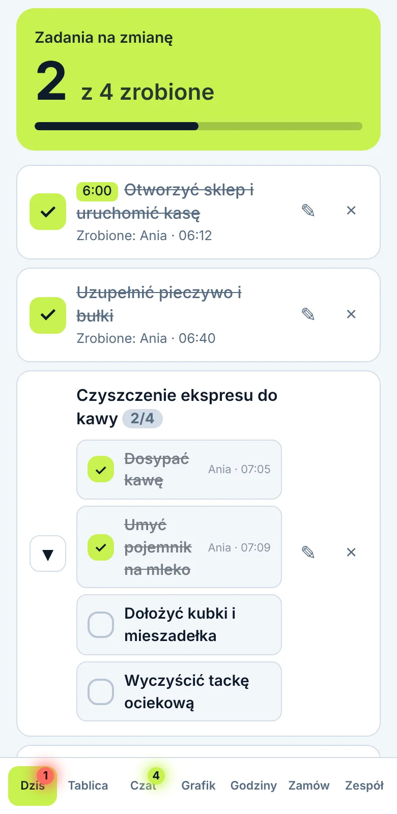 Zadania na zmianę z podpunktami